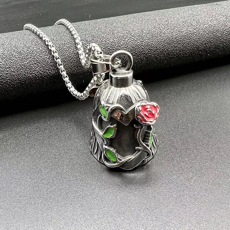 Polished titanium steel motorcycle lucky bell pendant with a double-sided epoxy rose in a geometric shape.