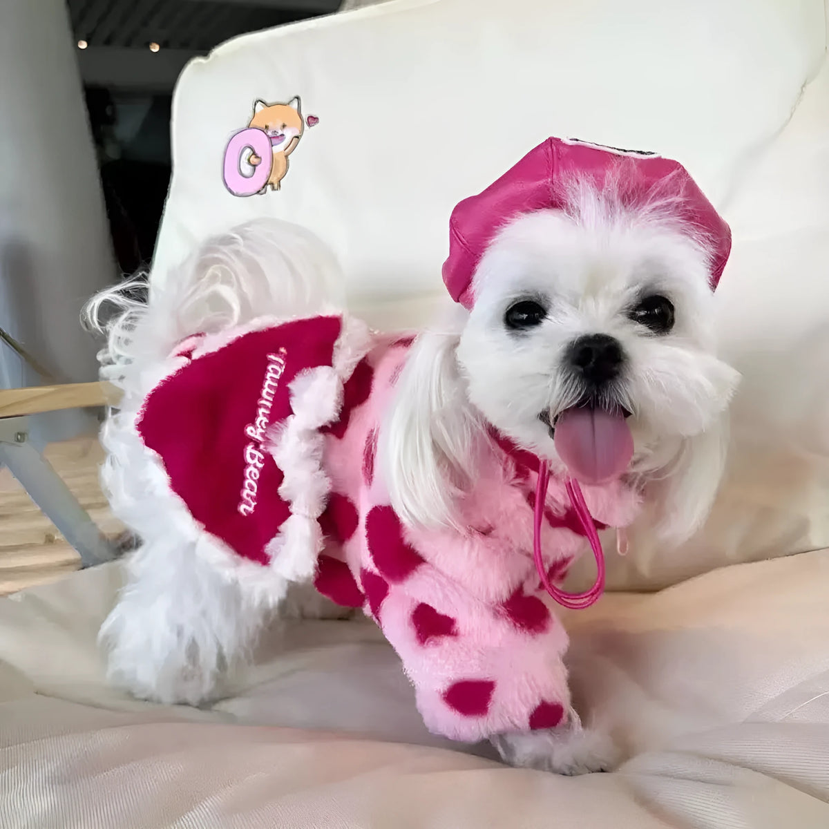 Small dog wearing British style plush warm coat in pink or brown colour