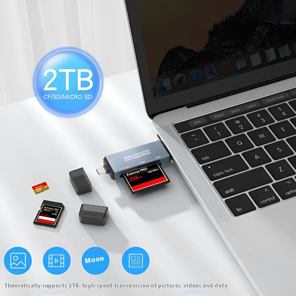 Compact aluminium alloy three-in-one memory card reader for CF, SD, and TF cards with USB and TYPE-C ports.