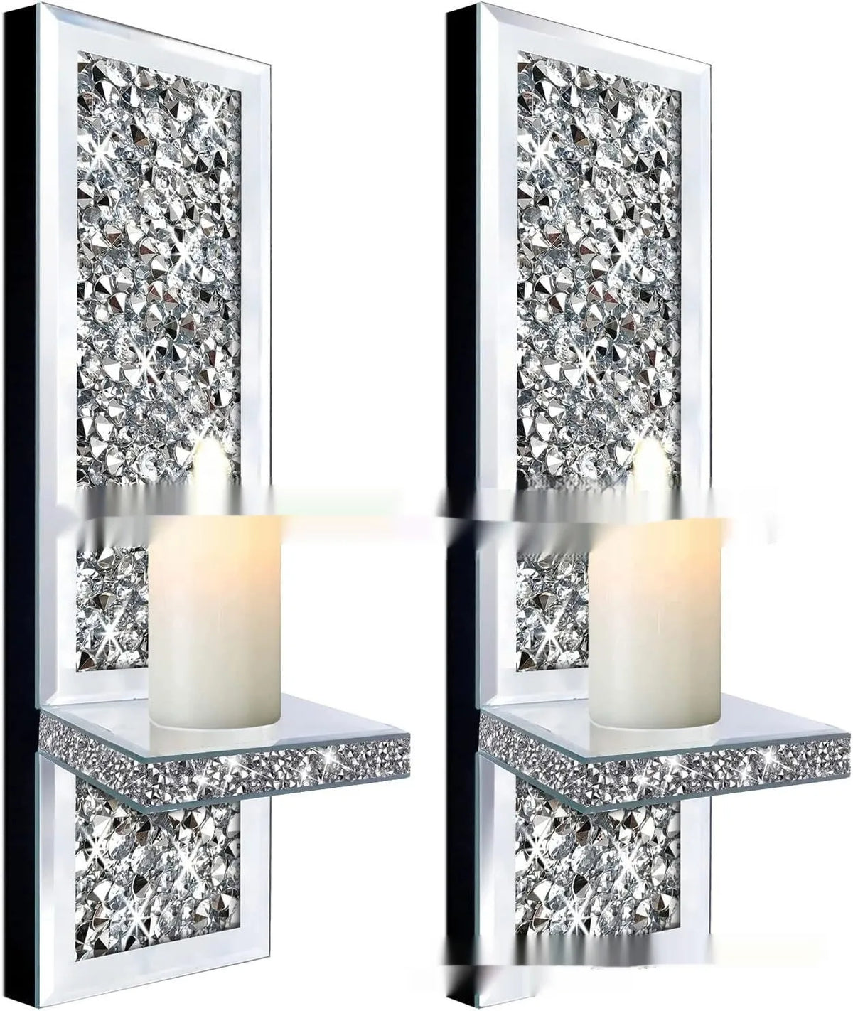 Pair of silver mirror glass candle holders with 10x11x38cm dimensions for wall mounting