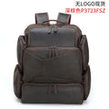 Dark brown retro crazy horse leather backpack for men with a 17-inch laptop compartment.