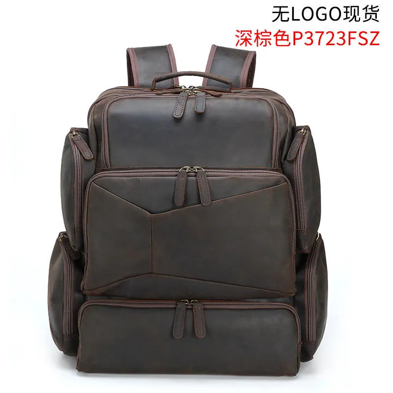 Dark brown retro crazy horse leather backpack for men with a 17-inch laptop compartment.