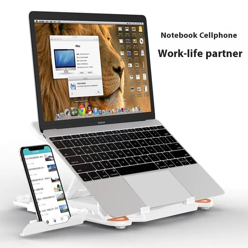 Black ABS plastic laptop stand with an integrated mobile phone holder on a wooden desk.
