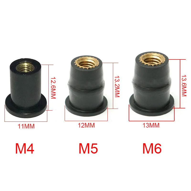 Motorcycle windshield mounting hardware black rubber well nuts with brass inserts M4 M5 M6 sizes