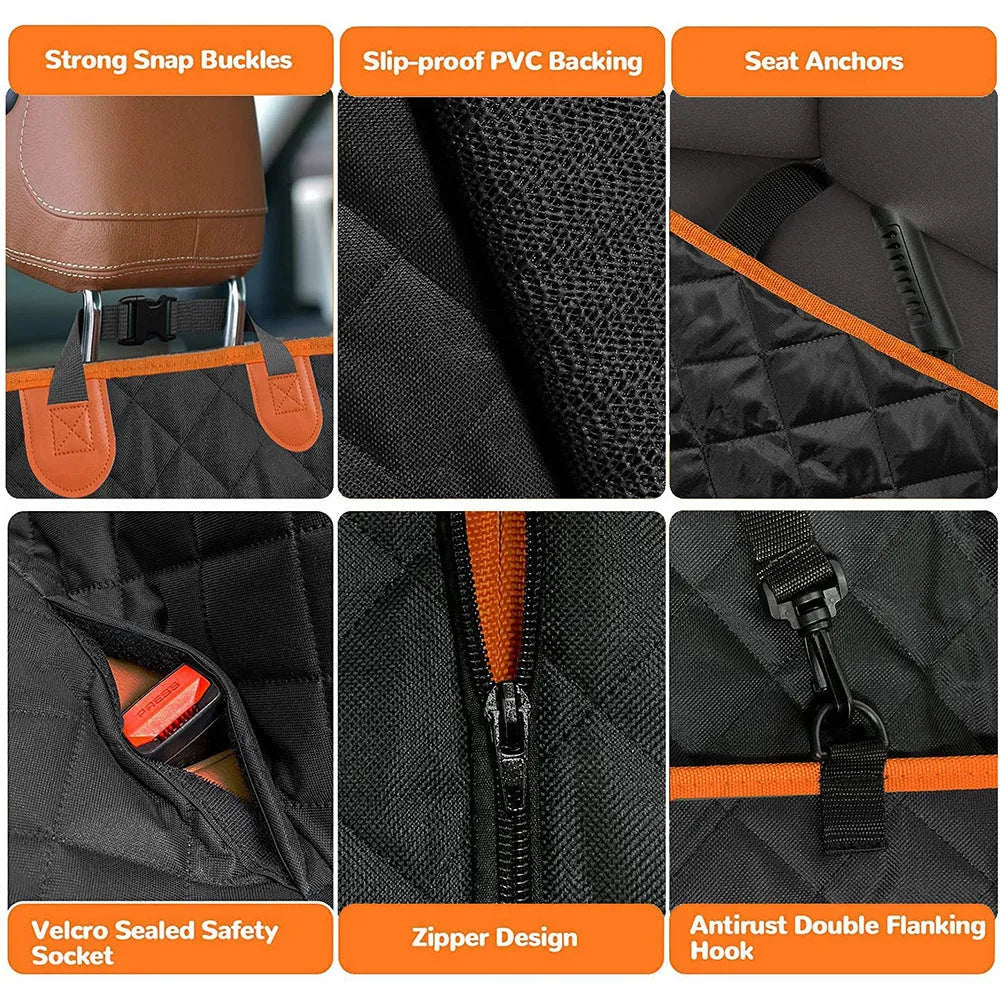 Black and orange edged waterproof pet car mat laid flat, showing mesh window and rear accessory pocket