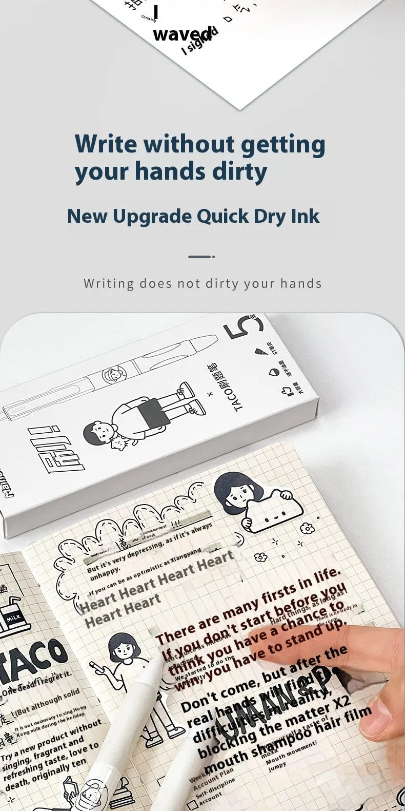 Five white plastic ballpoint pens with 0.5mm black ink tips for quick-drying writing