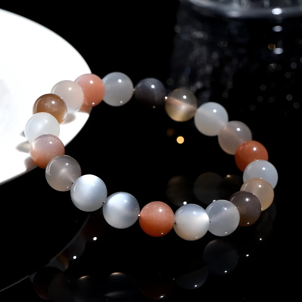 Natural moonstone bracelet with colourful moon light pattern showing 8mm stones in single circle configuration