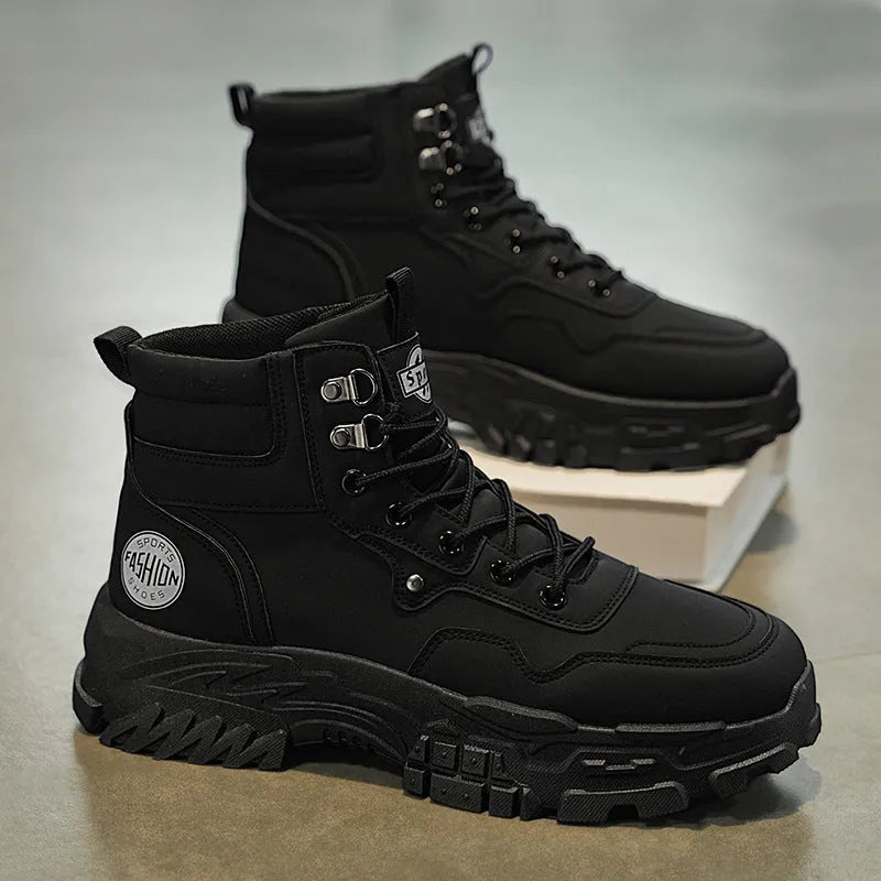 Men's black and yellow artificial PU Martin boots with a mid-calf fit and mid heel.