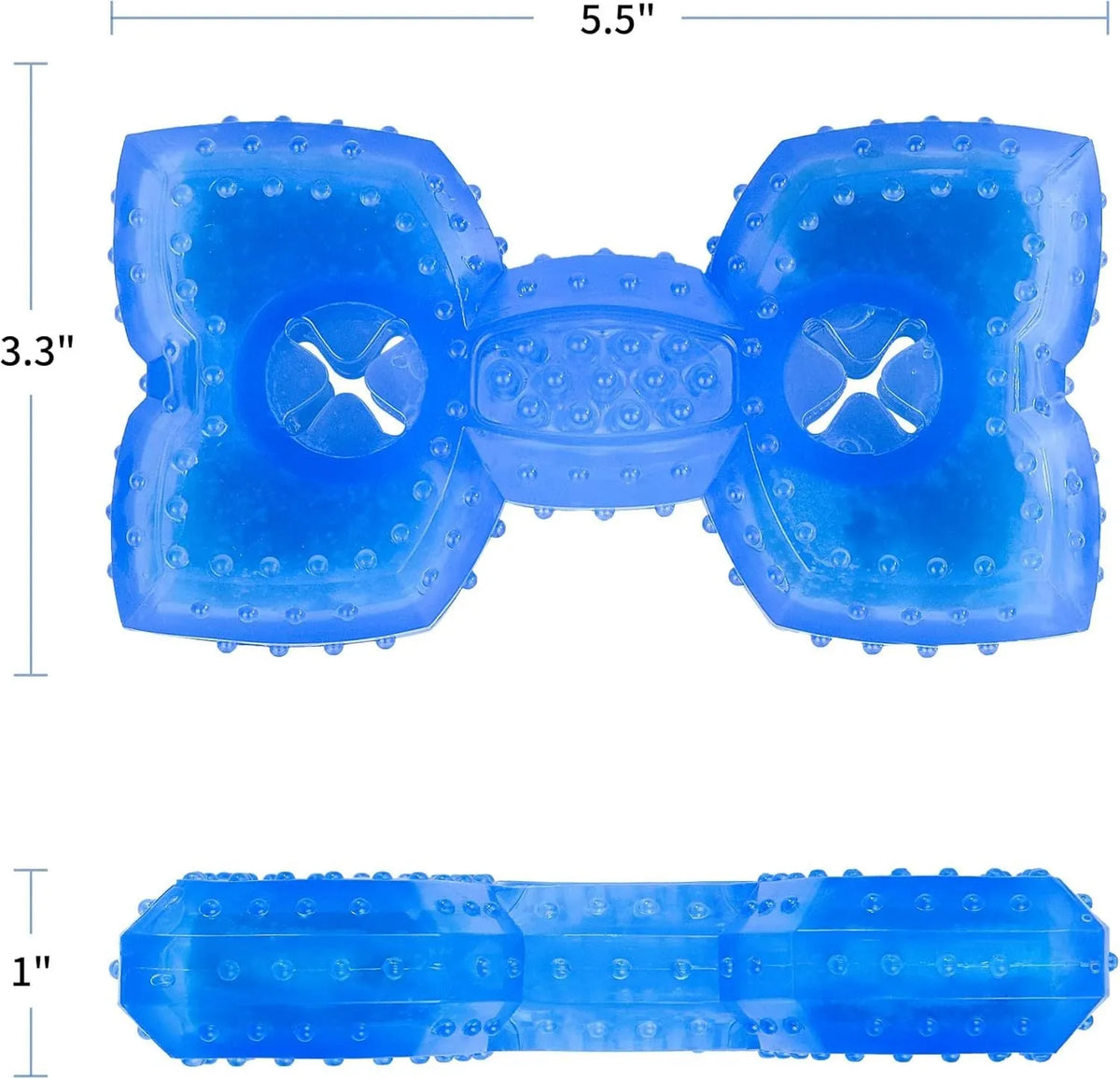 Freezable non-toxic dog teething chew toy with treat filling for cooling and dental care.