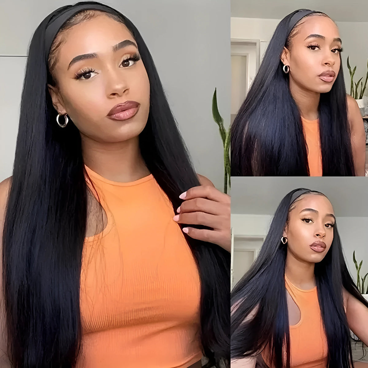 Headband wig with synthetic high temperature fibre hair in black straight, black curly, and wine red colour options