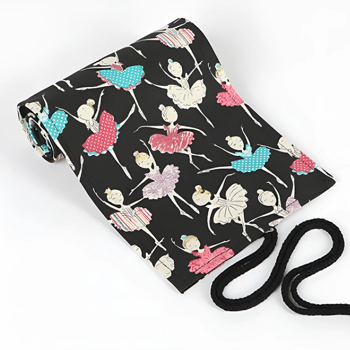 Canvas rolling pencil case with ballet girl print, showing multiple holes for colour pencils.