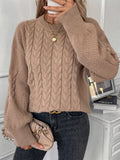 Women's khaki round neck pullover sweater with twist design detail on regular sleeves