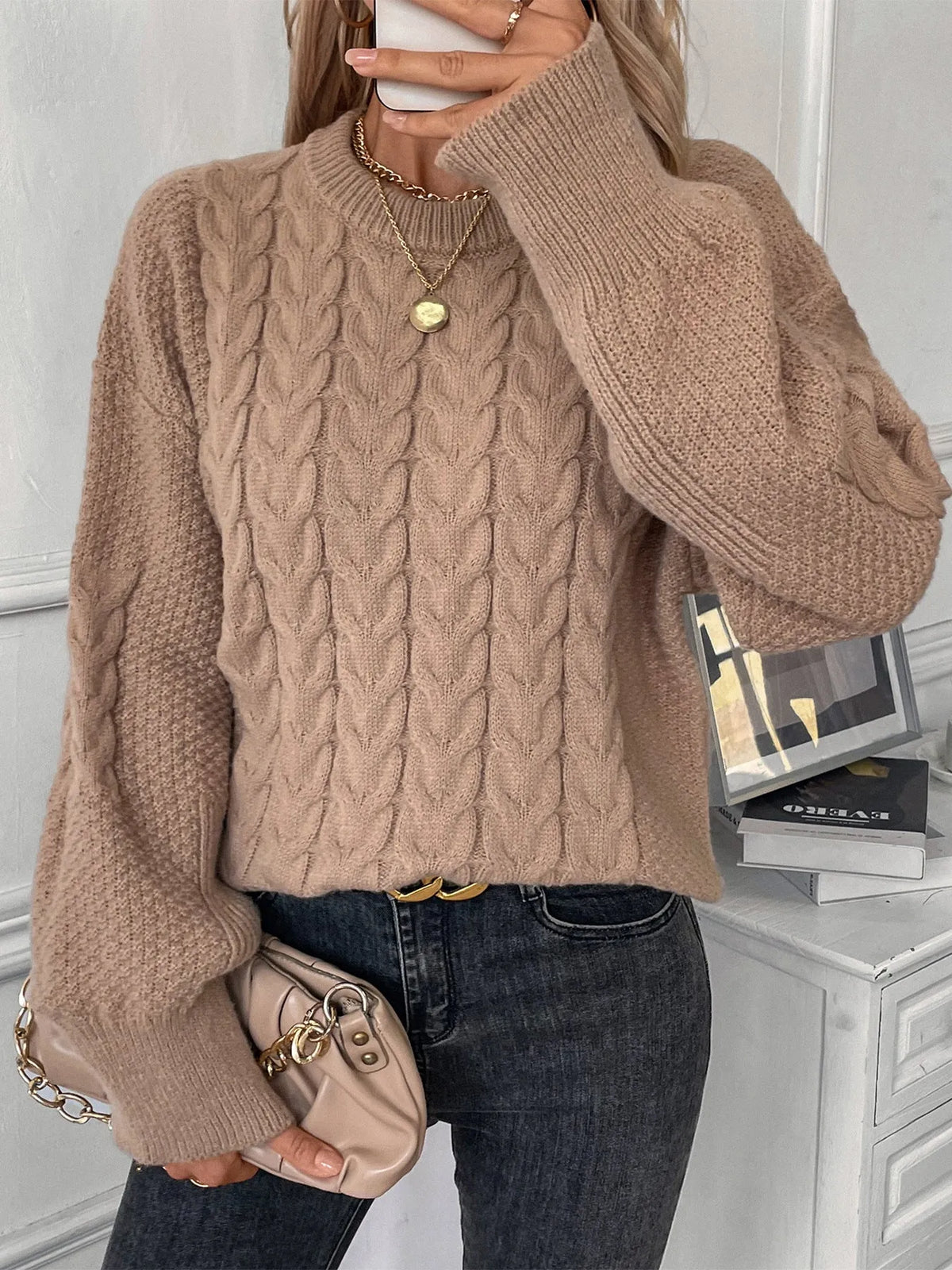 Women's khaki round neck pullover sweater with twist design detail on regular sleeves