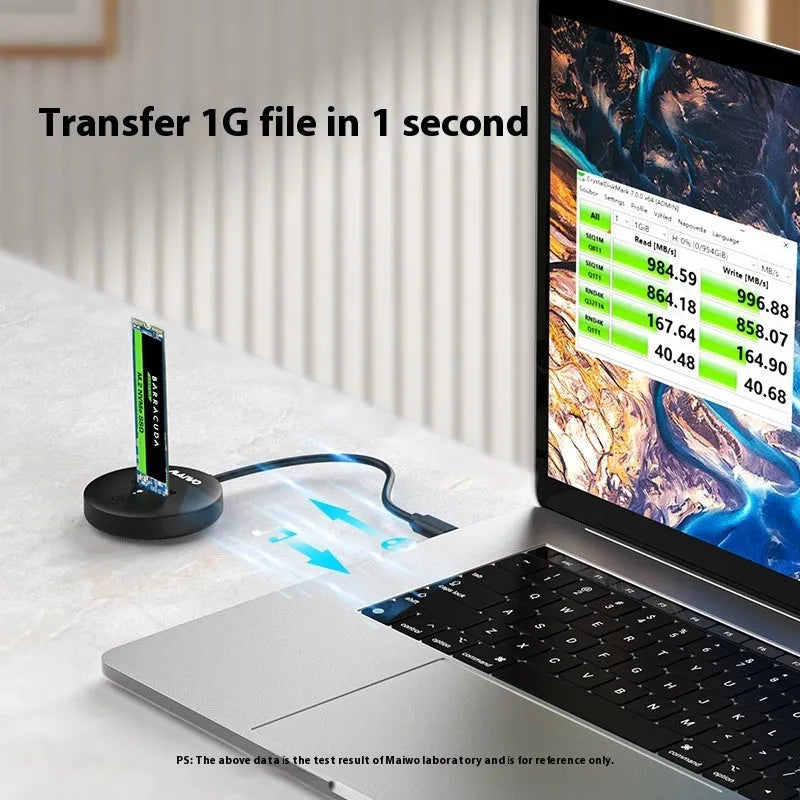 Black external hard drive enclosure with USB-C cable for M.2 NVMe SSDs