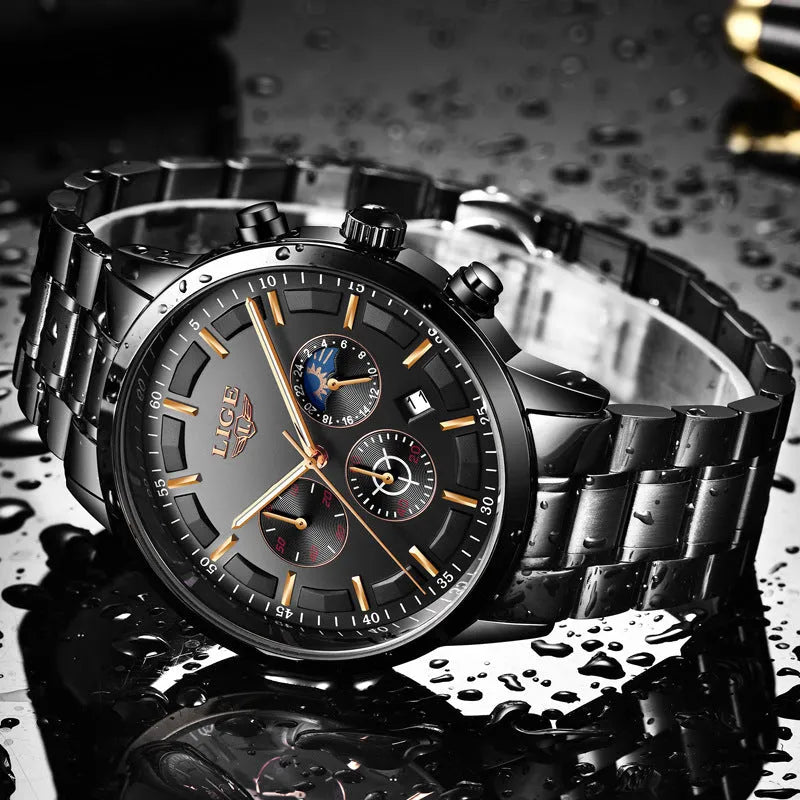 Men's waterproof quartz sports watch in black with rose red gold accents on wrist