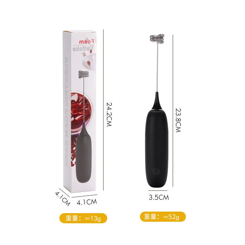 Handheld electric milk frother and blender in modern simple design, shown in black and white colour options.