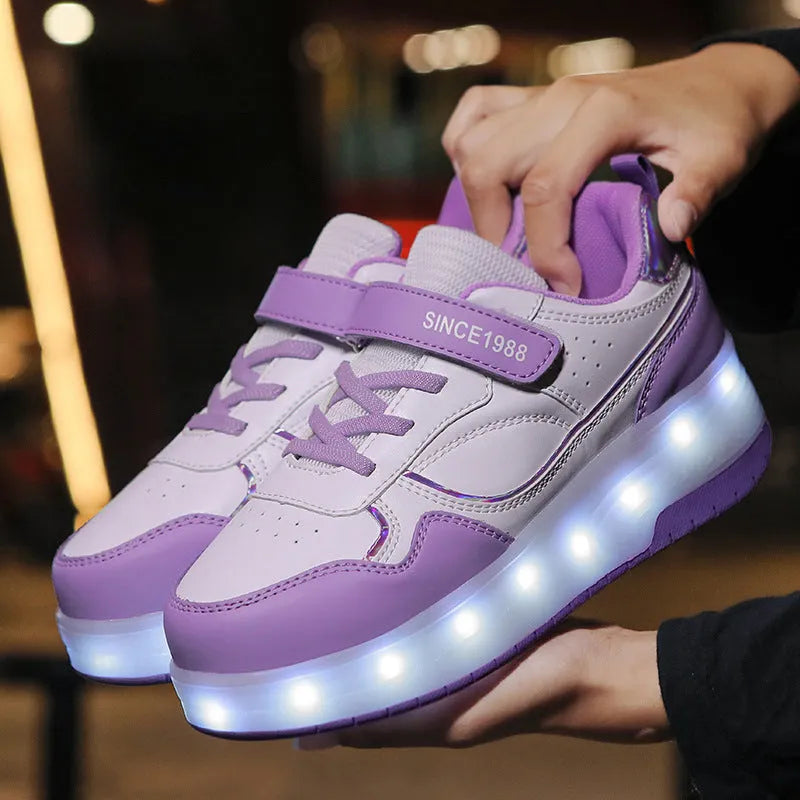 Children's charging roller skates with LED wheels in pink, purple, black or white colours