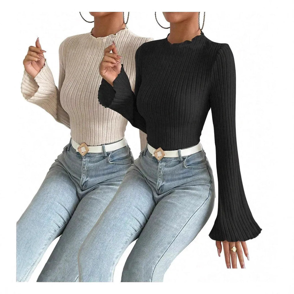 Long sleeve round neck top in black with lantern sleeves and brushed sunken stripe texture