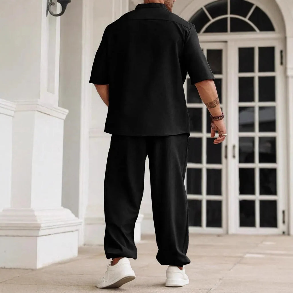 Men's casual short-sleeved shirt and trousers set in cotton linen blend fabric