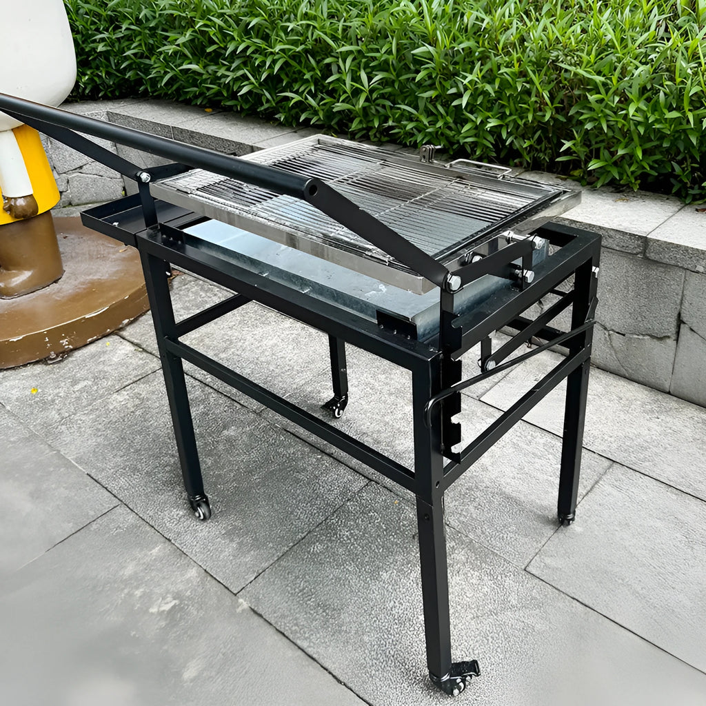 Large portable flip BBQ charcoal grill stove folded for transport with detachable components
