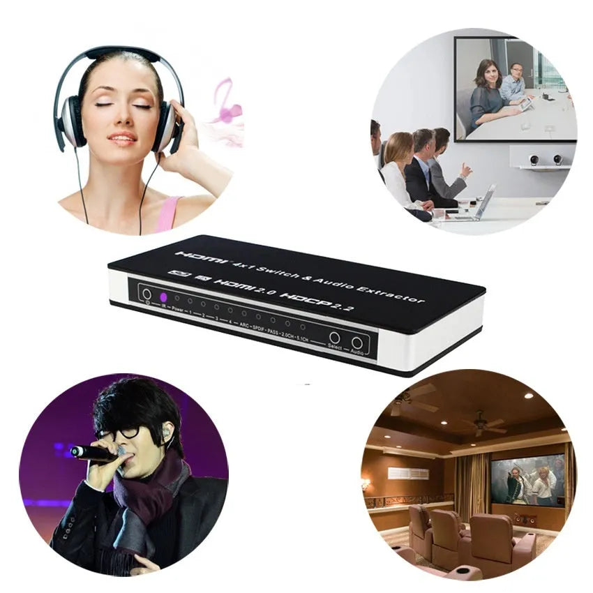 Black HDMI switch unit with remote control for four input, one output audio separation.