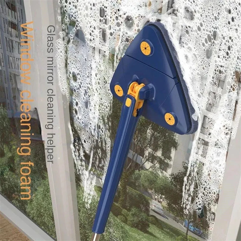 Blue triangle cleaning mop with rotating head on an extendable stainless steel pole.