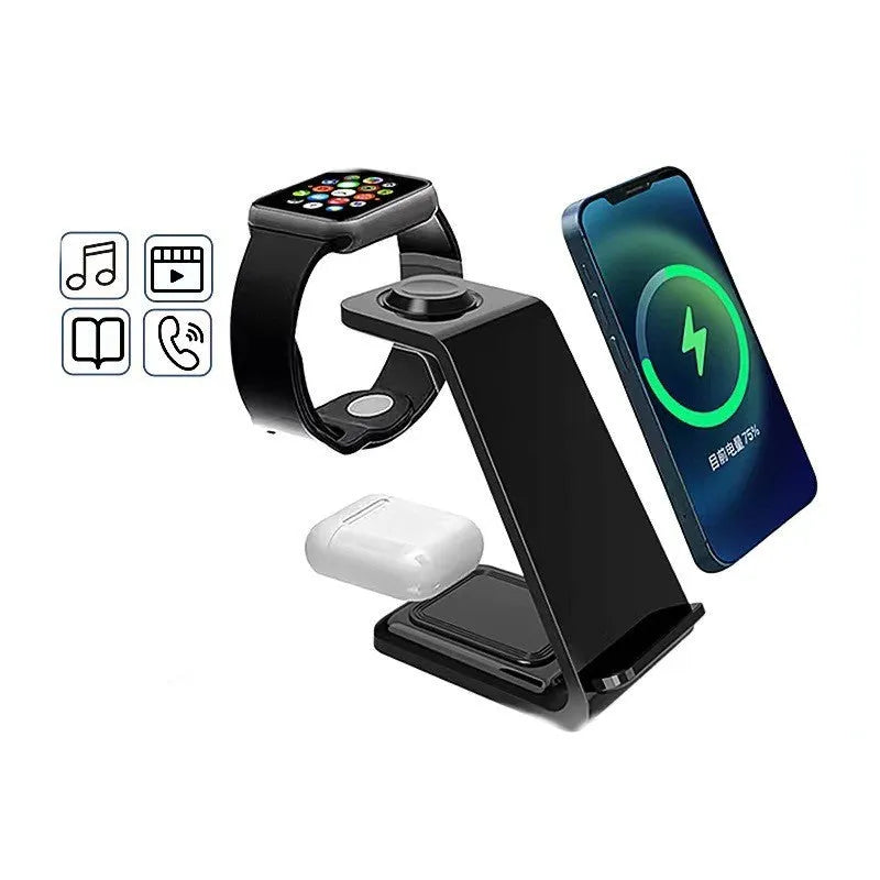 White 3-in-1 upright wireless phone charger with dual coil Qi technology and Type-C cable