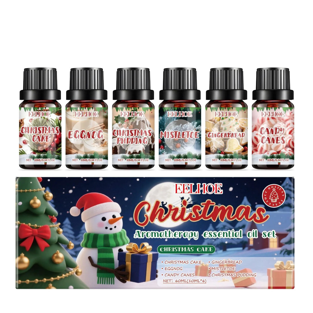 Christmas aromatherapy oil set showing six 60ml bottles with reed diffusers for festive home scent