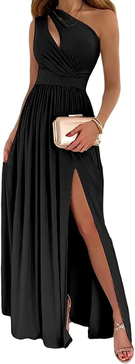 Women's one shoulder maxi dress with high leg split and sleeveless cutout design in soft fabric