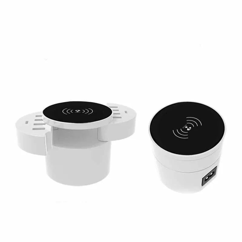 Ceramic white circular wireless charger with UK plug adapter and multiple USB ports