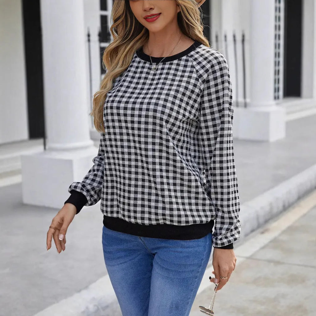 Black Japanese plaid pullover long sleeve sweater with printed pattern