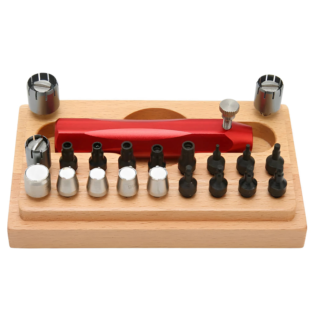 Watch repair tool set with barrel opening implements and extracting tube open tools