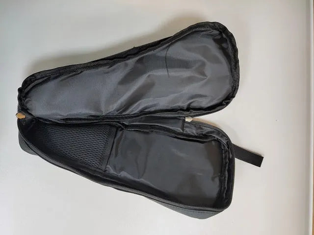 Black cloth storage bag for a mobile phone stabiliser, shown open with an accessory compartment.