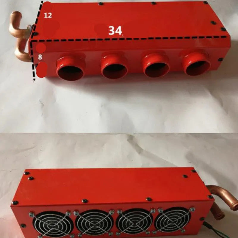 Metal car heater with small four-hole copper pipe connections for 12V and 24V vehicles