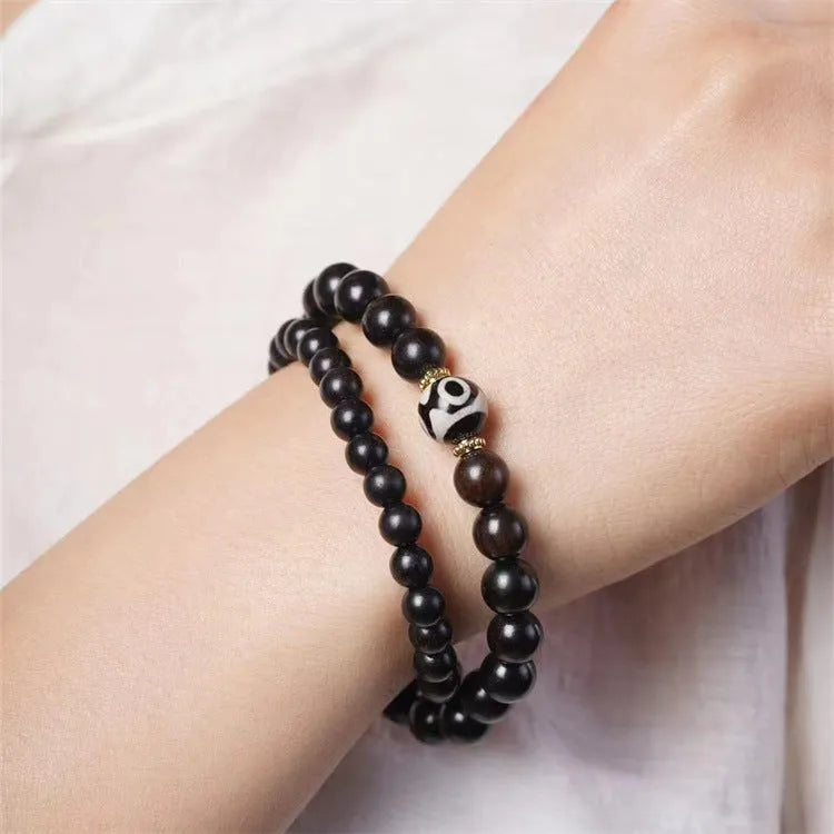 Brown ebony wood Tibetan bead bracelet with two circles of 8mm beads