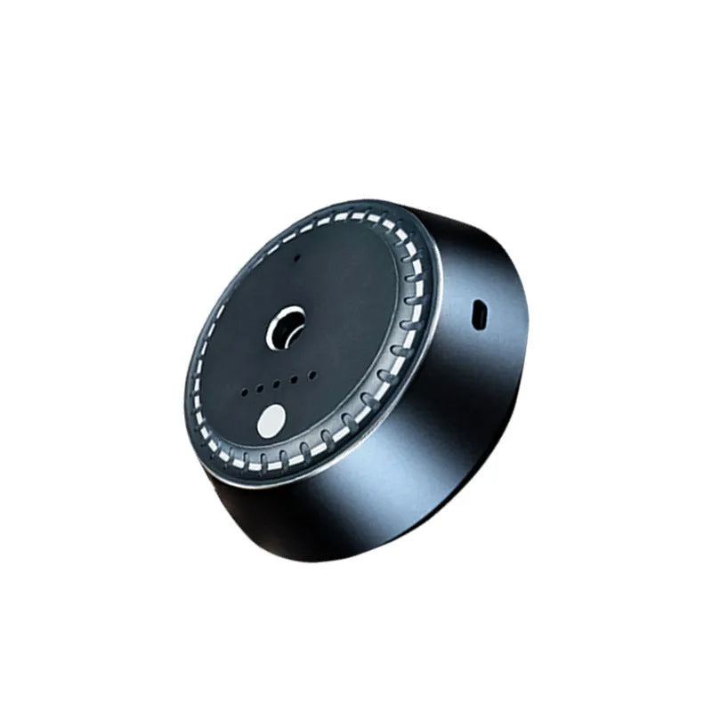 Black metal car aroma diffuser with USB charging port and control buttons