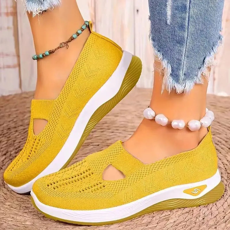 Women's low-top casual mesh shoes with a T-strap and soft PVC sole, shown in multiple colours.