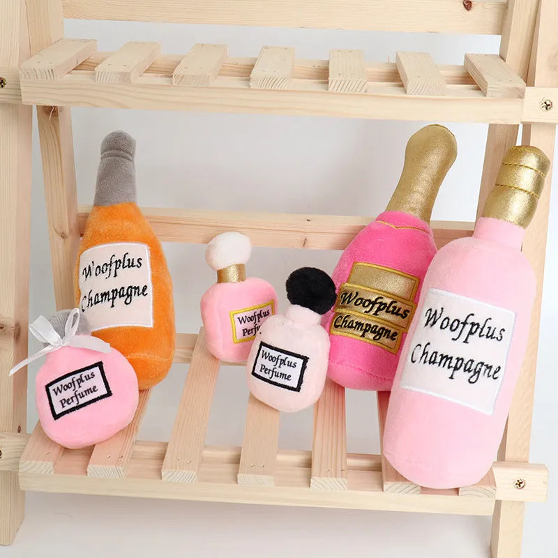 Plush wine bottle pet toy in multiple colours for cats and dogs
