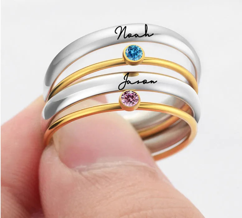 December birthstone geometric engraved titanium steel ring with gold lettering on band