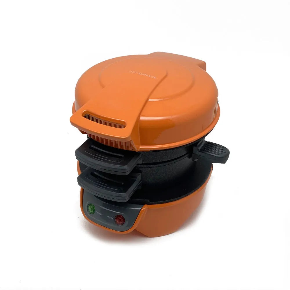 Bright red household breakfast machine with sandwich plates, egg cooker ring, and waffle plates on kitchen counter.
