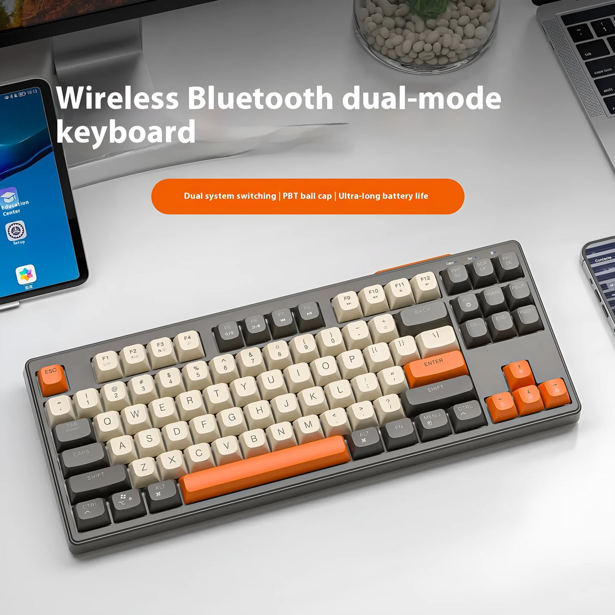 Wolf M87 wireless dual-mode keyboard in a compact 87-key layout with coloured keycaps
