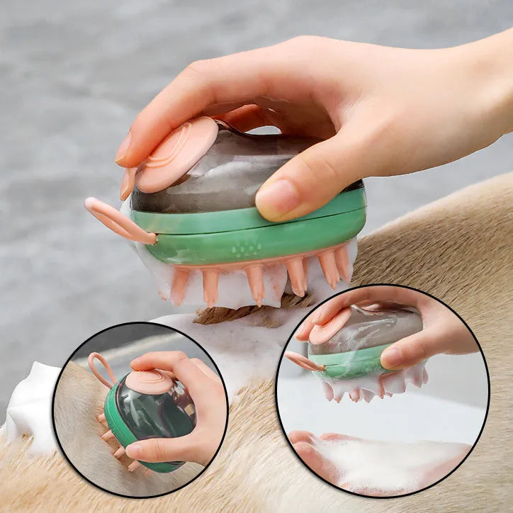 2 in 1 pet bathing brush with shampoo dispenser, food-grade silicone head, blue or green, 85g