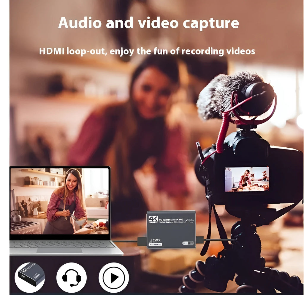 Black 4K set-top box audio recording device with USB data collector for 1080p capture