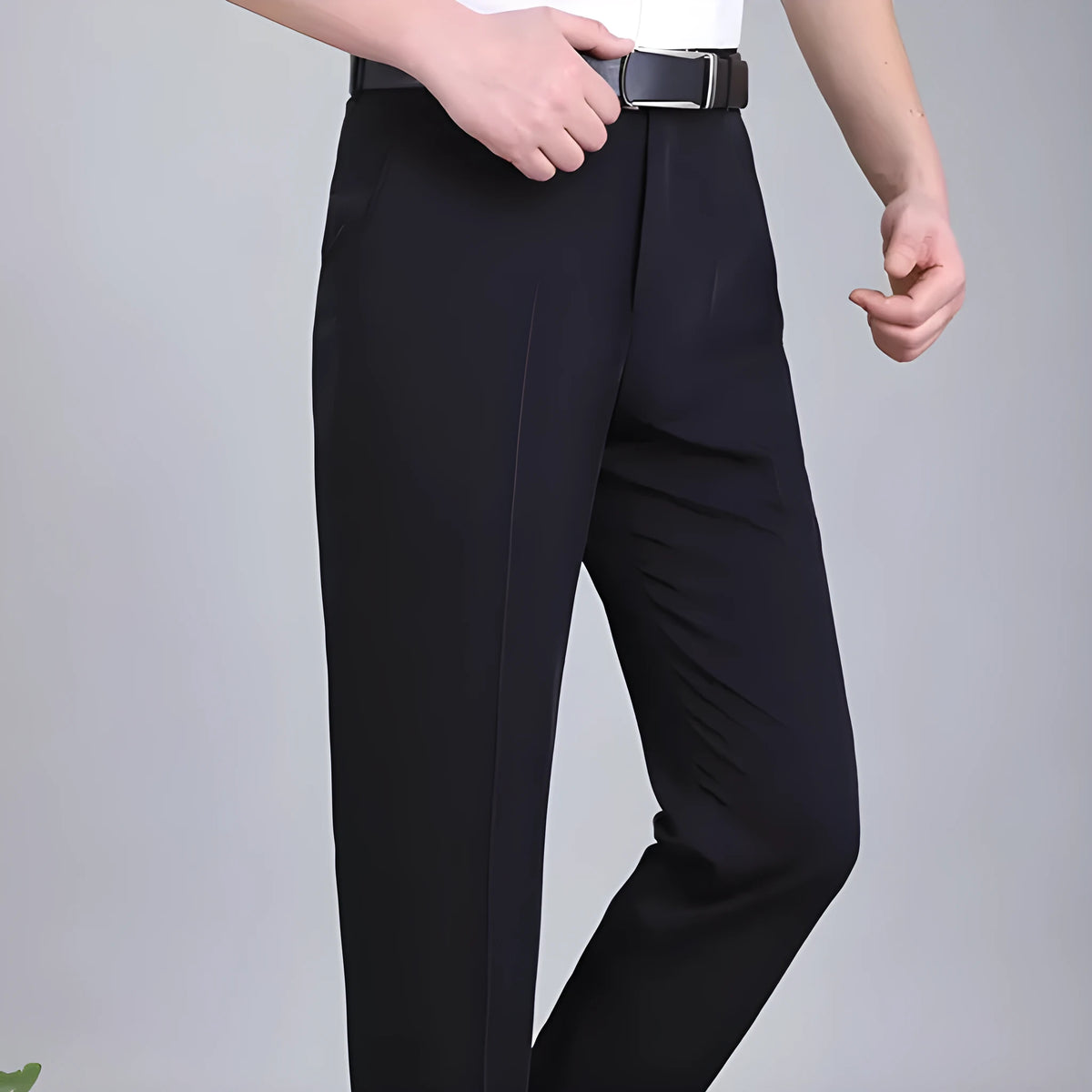 Men's straight-leg high-waist trousers in a mulberry silk blend fabric, shown in dark blue.