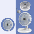 Blue foldable table fan with LED light showing 300° rotation angle and pen holder design