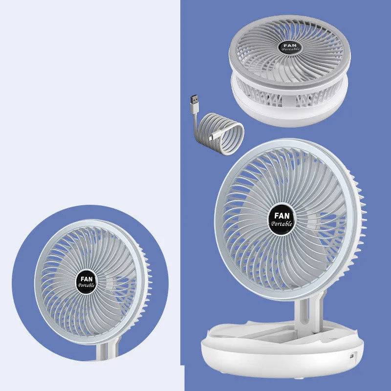 Blue foldable table fan with LED light showing 300° rotation angle and pen holder design