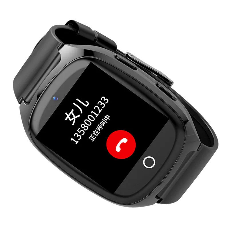 Black GPS tracker smartwatch with a 1.54-inch touch screen displayed on a wrist.