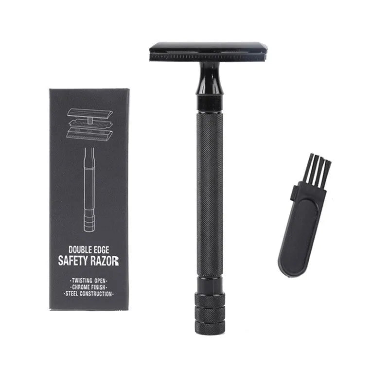 Old-fashioned manual metal shaver and brush set for traditional wet shaving, shown in black and silver options.