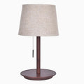 Walnut colour solid wood bedside lamp with white cloth shade and cable switch