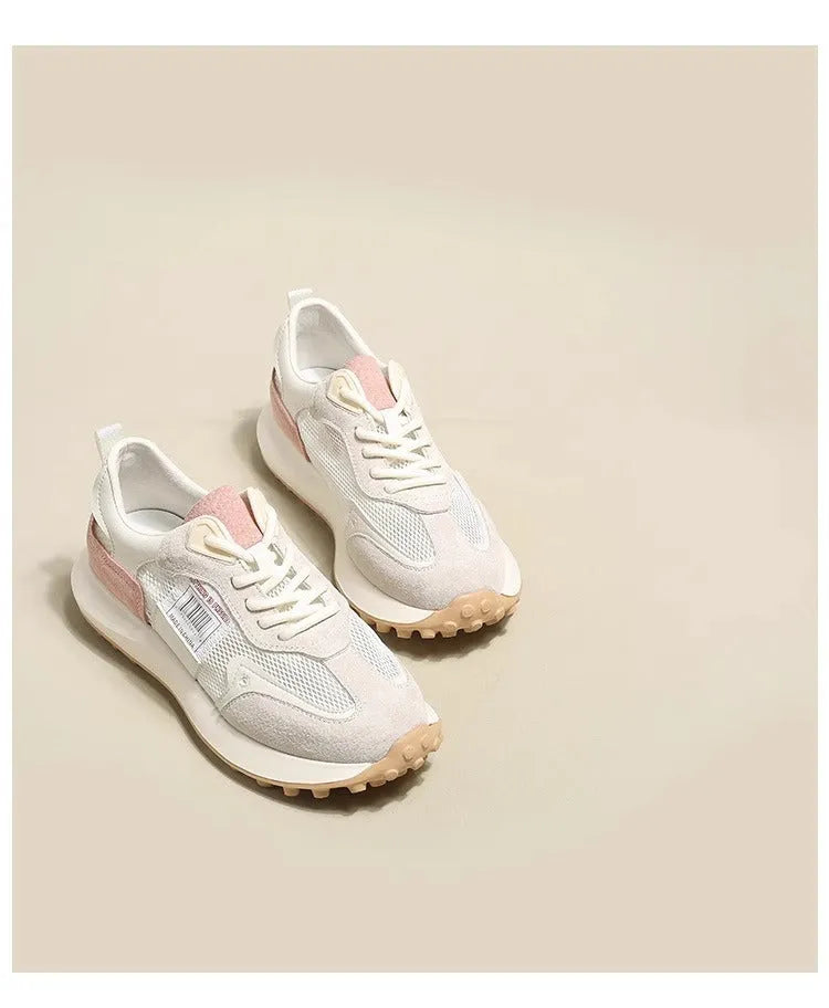 Women's grey and pink low-top retro sneakers with round toe and flat heel design